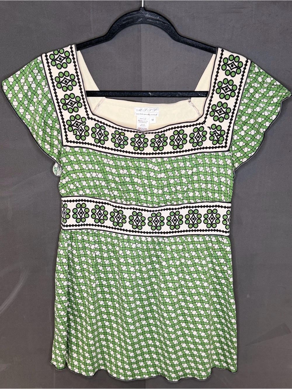 Max Studio Specialty Products Women's Green Geo Boho Short Sleeve Tunic Sz M